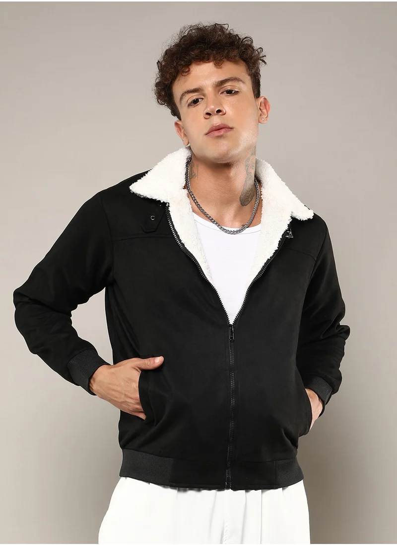 Campus Sutra Men's Obsidian Black Fur-Lined Suede Bomber Jacket