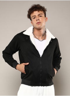 Campus Sutra Men's Obsidian Black Fur-Lined Suede Bomber Jacket  - Image 2