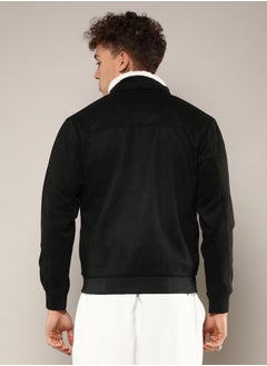 Campus Sutra Men's Obsidian Black Fur-Lined Suede Bomber Jacket  - Image 5