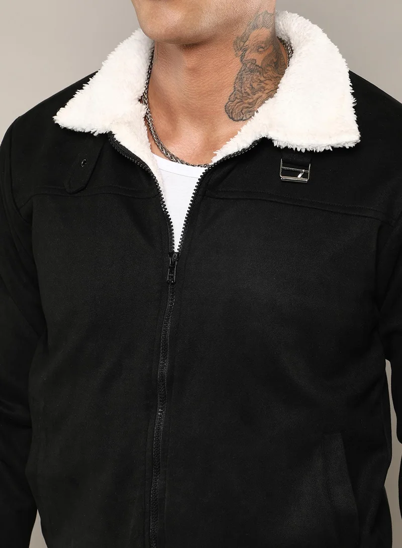 كامبوس سوترا Men's Obsidian Black Fur-Lined Suede Bomber Jacket