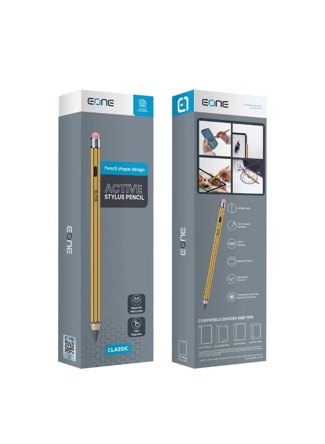 إيون قلم ايباد إي ون كلاسيك (Eone Classic) للآيباد مع حافظة مجانية - تصميم قلم رصاص، شحن USB-C، يدعم راحة اليد والميل - أصفر/خشبي - Image 3