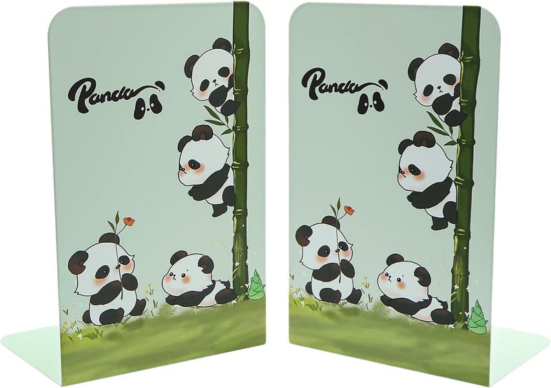 Winterworm Adorable Panda Bookends for ShelvesAnimal Book Ends Green Panda with Bamboo Metal Kids Bookends Student Bookends Book Holder Journal Book Organizer CD Holder for Office School Desk Decoration - Image 1