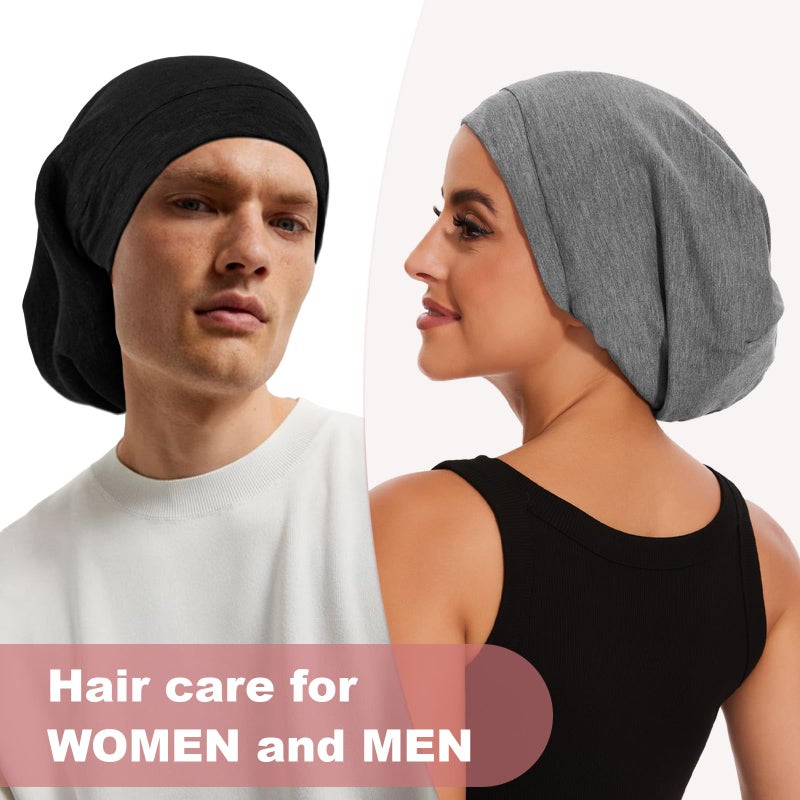 ZHENSILK Silk Satin Bonnet Satin Lined Sleep Cap Hair Wrap for Sleeping Hair Cover Slouchy Beanie Hat for Women Men 2PCS(Black&Grey) - Image 5