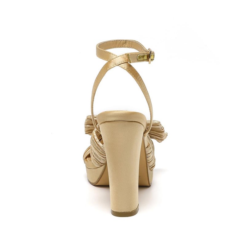 Amoji Women 4'' Chunky Platform Heels Bowknot Pleated Heeled Sandals Dressy Block Heels Prom Shoes Wedding Party 302F4 Champagne Size 9 women - Image 3