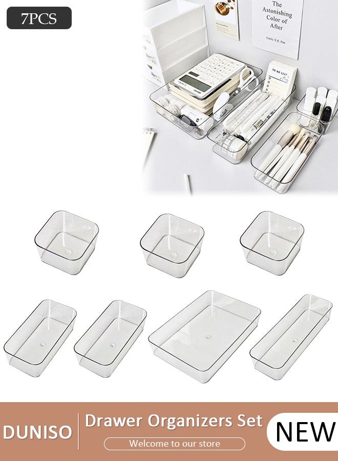 DUNISO 7PCS Drawer Organizers Tray Set, 4 Sizes Clear Plastic Vanity Drawer Organizers, Desk Drawer Organizer Trays, Bathroom Drawer Organizer Trays Dividers, Versatile Tidy Divider for Dresser,Bathroom,Kitchen,Office - Image 1