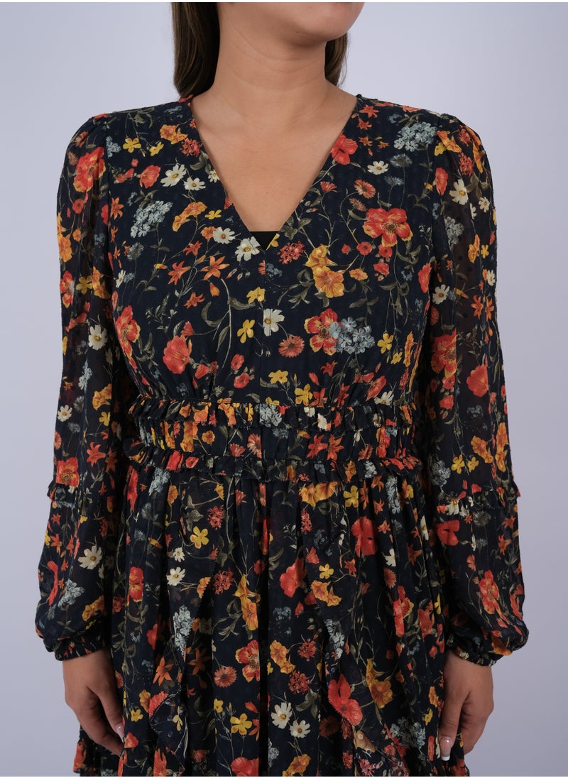 ONLY - Women's Elastic Cuff Sleeves Full-length Dress in Navy Flower AOP - Image 1