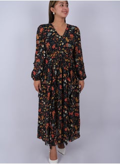 Women's Elastic Cuff Sleeves Full-length Dress in Navy Flower AOP