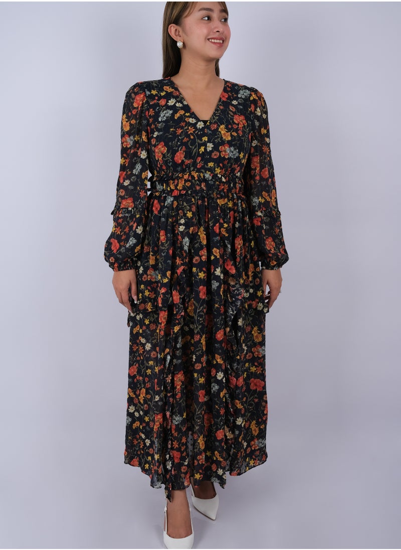ONLY - Women's Elastic Cuff Sleeves Full-length Dress in Navy Flower AOP - Image 1