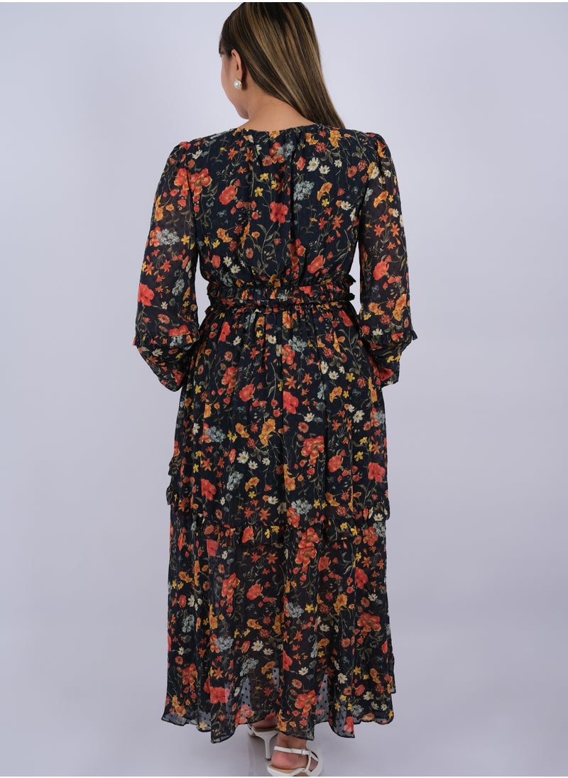 ONLY - Women's Elastic Cuff Sleeves Full-length Dress in Navy Flower AOP - Image 1