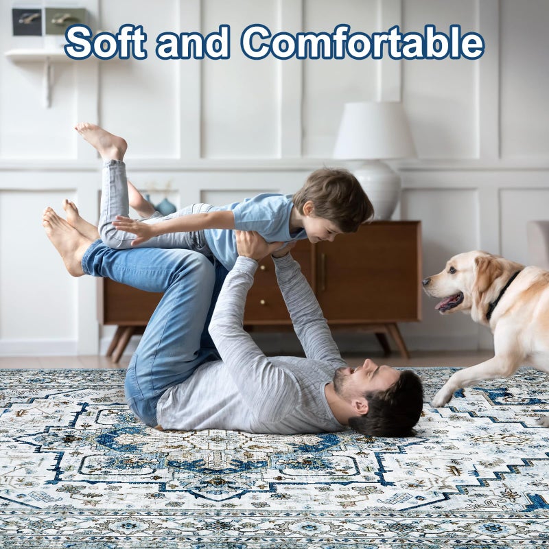 AUKOW Area Rugs for Living Room 8x10 - Large Machine Washable Vintage Oriental Soft Rugs, Low Pile Thin Floor Carpet with Non Slip Backing for Bedroom, Dorm, Under Dining Room Table, Indoor House, Office - Image 2