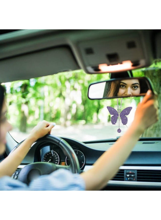 بلينج فراشة الماس السيارة معلقة الملحقات، كريستال فراشة المرآة الخلفية حظ السيارة ديكور الملحقات للنساء، عيد الحب يقدم قلادة الزينة لجميع السيارات (أرجواني) - Image 5