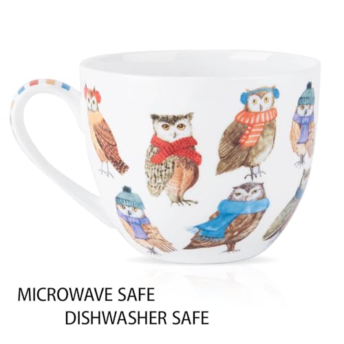 MFoffice Cute Autumn Owls Coffee Mug, 20 oz Bone China Mugs with Charming Owls in Color Scarves and Hats, Perfect Brithday and Christmas Gift for Bird Enthusiasts, Designed in England by Harvest Green Studio - Image 4