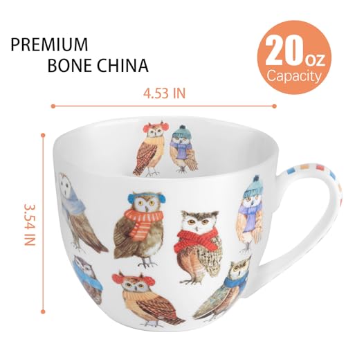 MFoffice Cute Autumn Owls Coffee Mug, 20 oz Bone China Mugs with Charming Owls in Color Scarves and Hats, Perfect Brithday and Christmas Gift for Bird Enthusiasts, Designed in England by Harvest Green Studio - Image 2