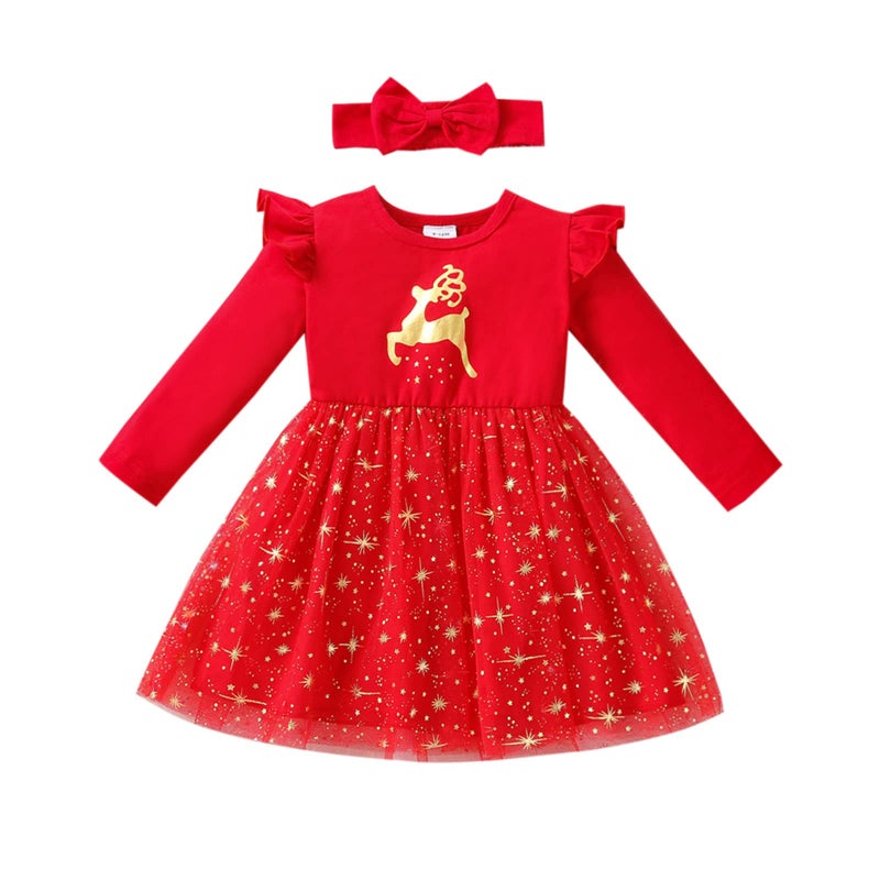 Rtnnsbbfcm Toddler Baby Girl Christmas Outfit Long Sleeve Reindeer Print Star Princess Tulle Tutu Dress Headband 2Pcs Set 69 MonthsRed Reindeer