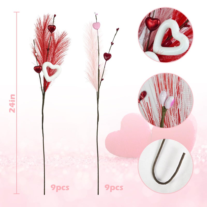 TORONTOKYO Valentines Day Decorations, 18 Pack Valentines Day Picks 24 Inches Red Pink White Heart Berry Stems with Pampas Grass for Valentines Day Wedding Party Center Pieces Decoration - Image 3