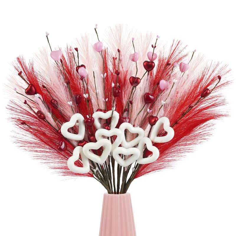 TORONTOKYO Valentines Day Decorations, 18 Pack Valentines Day Picks 24 Inches Red Pink White Heart Berry Stems with Pampas Grass for Valentines Day Wedding Party Center Pieces Decoration - Image 1