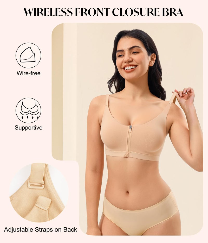 CYDREAM Womens Zip Front Closure Bra Wireless Seamless Bralettes Comfort Full Coverage Back Smoothing No Underwire (US, Alpha, Large, Regular, Regular, Beige) - Image 2