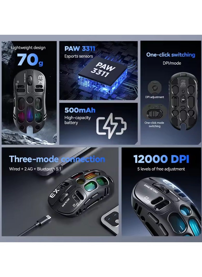 T-WOLF X3 Wireless Gaming Mouse Triple Mode 2.4G/BT/USB-C RGB for PC Laptop  - Image 4