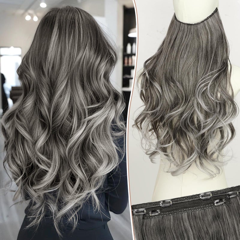 KooKaStyle Invisible Wire Hair Extensions Long Wavy Layered Synthetic Hair Extensions with Transparent Wire Adjustable Size 6 Secure Clips GreySliver Mixed Hairpieces for Women 20 Inch - Image 2