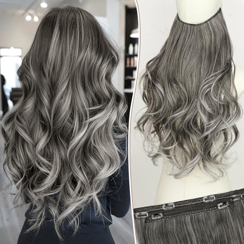KooKaStyle Invisible Wire Hair Extensions Long Wavy Layered Synthetic Hair Extensions with Transparent Wire Adjustable Size 6 Secure Clips GreySliver Mixed Hairpieces for Women 20 Inch - Image 1