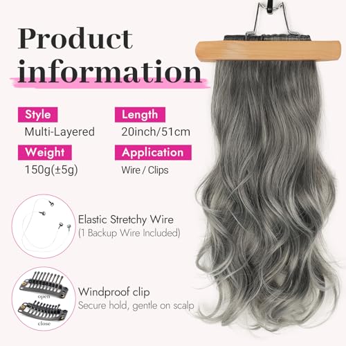 KooKaStyle Invisible Wire Hair Extensions Long Wavy Layered Synthetic Hair Extensions with Transparent Wire Adjustable Size 6 Secure Clips GreySliver Mixed Hairpieces for Women 20 Inch - Image 3