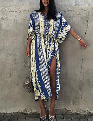 Bsubseach Kaftan Dresses for Women 2025 Plus Size Swimsuit Cover Up Tie Dye Caftan Maxi Dress Loungewear A-Blue - Image 2