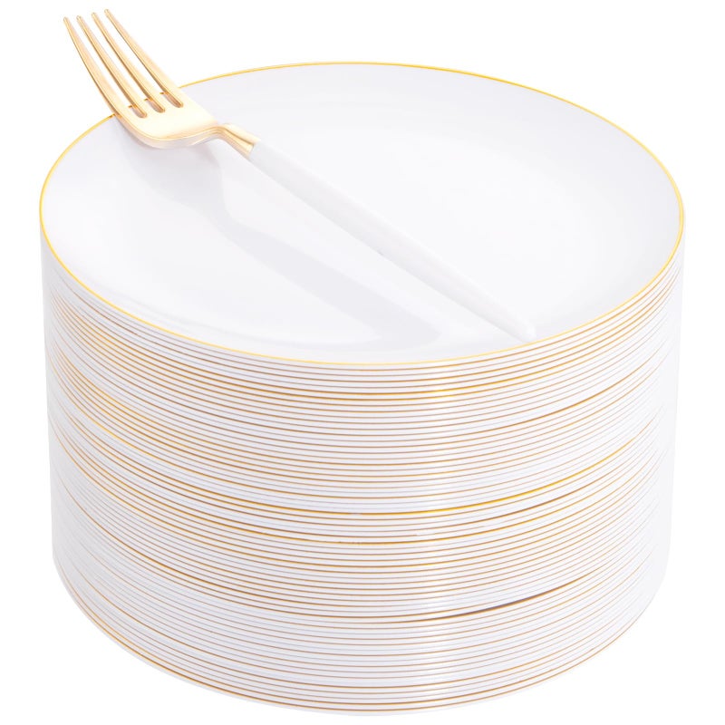I00000 72PCS White Plastic Dessert Plates 7.5" with 72PCS Disposable Forks 8.5", Disposable White Dessert Plate, Fancy Salad Plates with Gold Rims Perfect for Wedding - Image 1