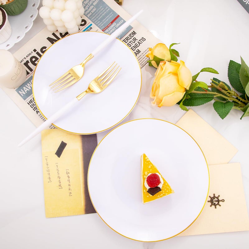 I00000 72PCS White Plastic Dessert Plates 7.5" with 72PCS Disposable Forks 8.5", Disposable White Dessert Plate, Fancy Salad Plates with Gold Rims Perfect for Wedding - Image 4