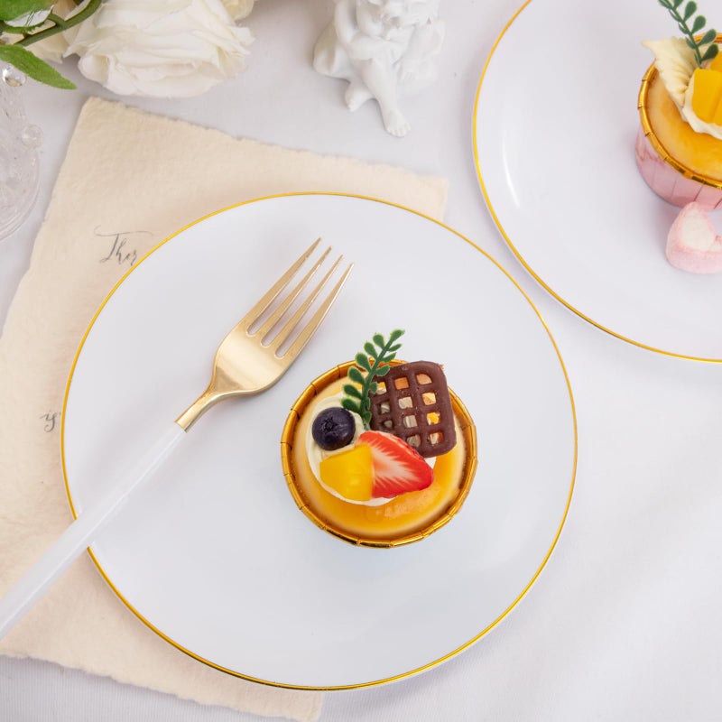 I00000 72PCS White Plastic Dessert Plates 7.5" with 72PCS Disposable Forks 8.5", Disposable White Dessert Plate, Fancy Salad Plates with Gold Rims Perfect for Wedding - Image 3