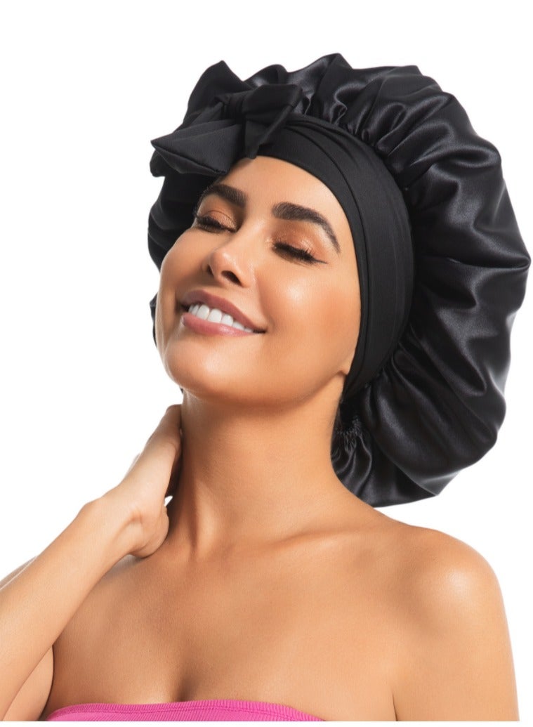 Premier Double Layer Solid Color Silk Satin Sleepy Hat Hair Bonnets for Sleeping with Soft Elastic Tie Band and Ribbon, Hair Care Simple Color Large Night Sleep Cap Scarf Wrap Heatless for Natural Straight Curly Hair Women, Lilac - Image 5