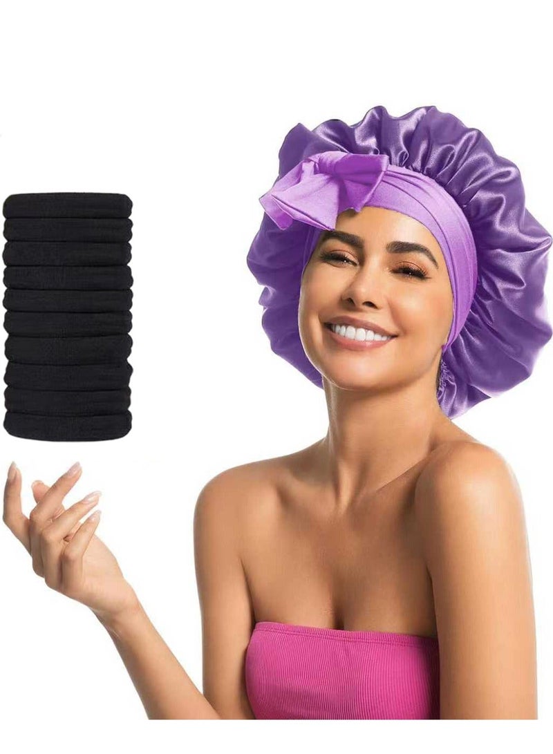 Premier Double Layer Solid Color Silk Satin Sleepy Hat Hair Bonnets for Sleeping with Soft Elastic Tie Band and Ribbon, Hair Care Simple Color Large Night Sleep Cap Scarf Wrap Heatless for Natural Straight Curly Hair Women, Lilac - Image 1