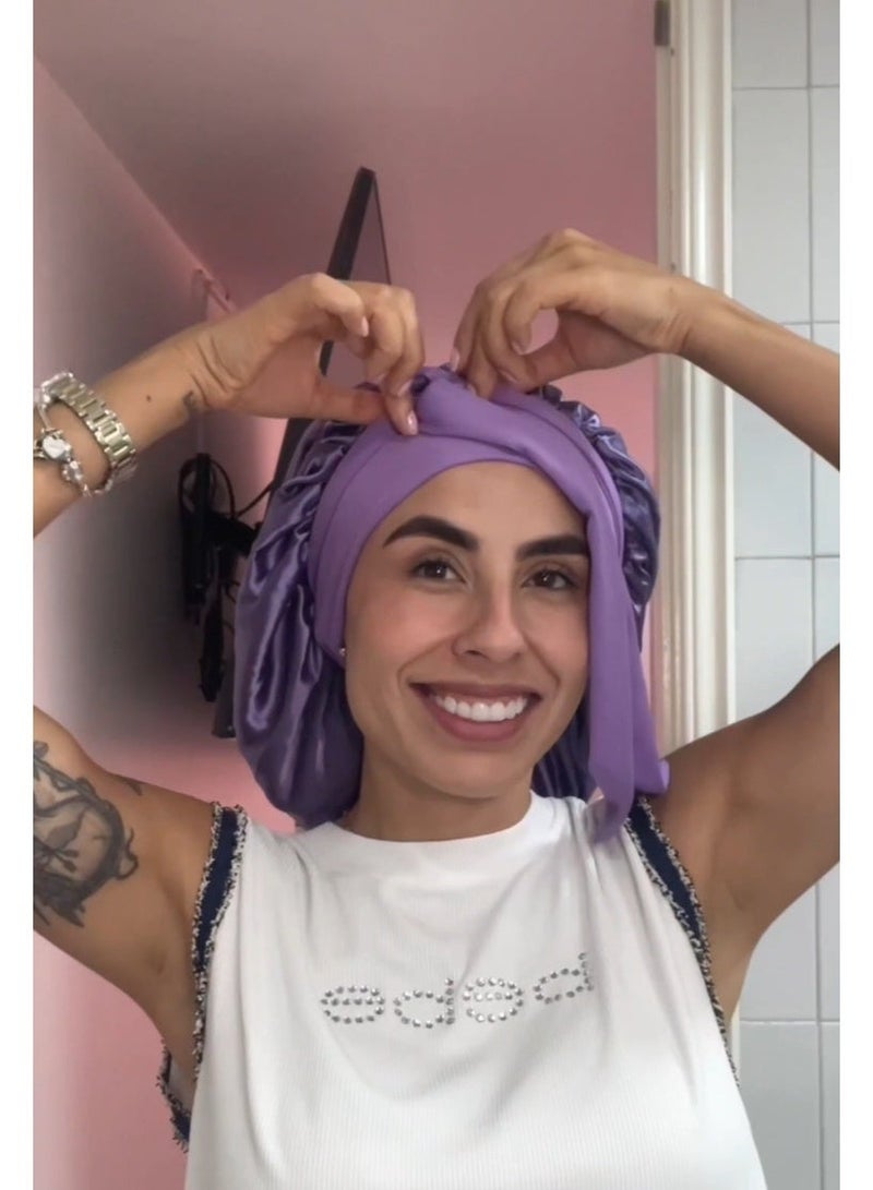 Premier Double Layer Solid Color Silk Satin Sleepy Hat Hair Bonnets for Sleeping with Soft Elastic Tie Band and Ribbon, Hair Care Simple Color Large Night Sleep Cap Scarf Wrap Heatless for Natural Straight Curly Hair Women, Lilac - Image 3