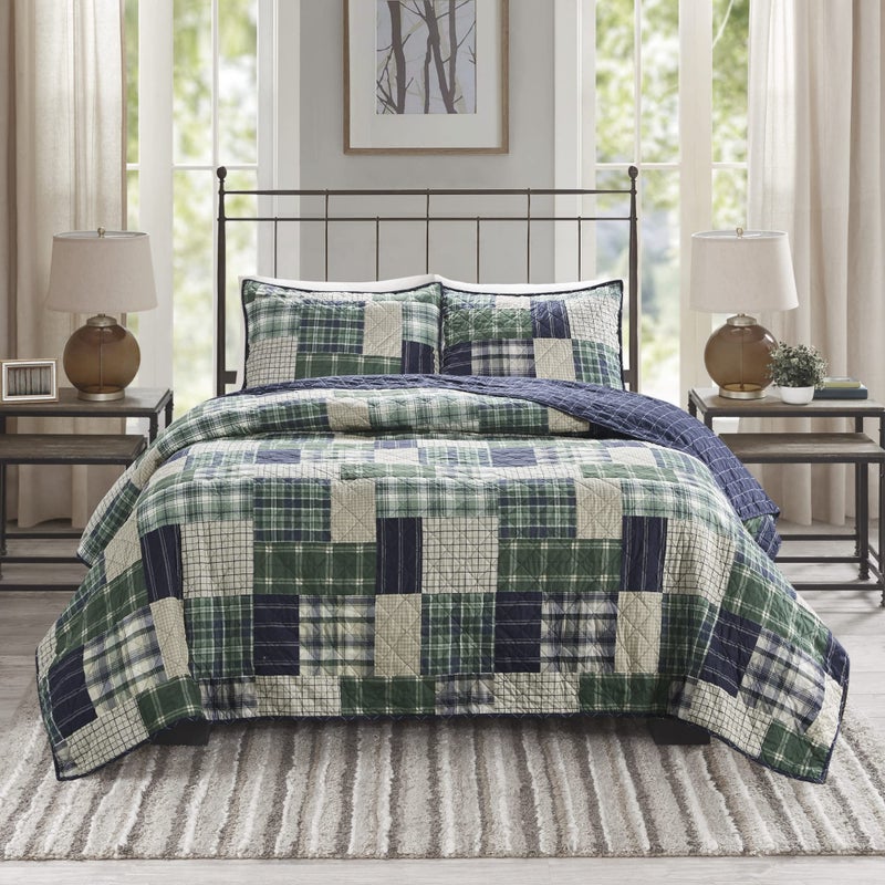 madison park Madison Park Reversible Quilt Cabin Lifestyle Plaid Design  All Season Breathable Coverlet Bedspread Bedding Set Matching Shams FullQueen90x90 GreenNavy 3 Piece 