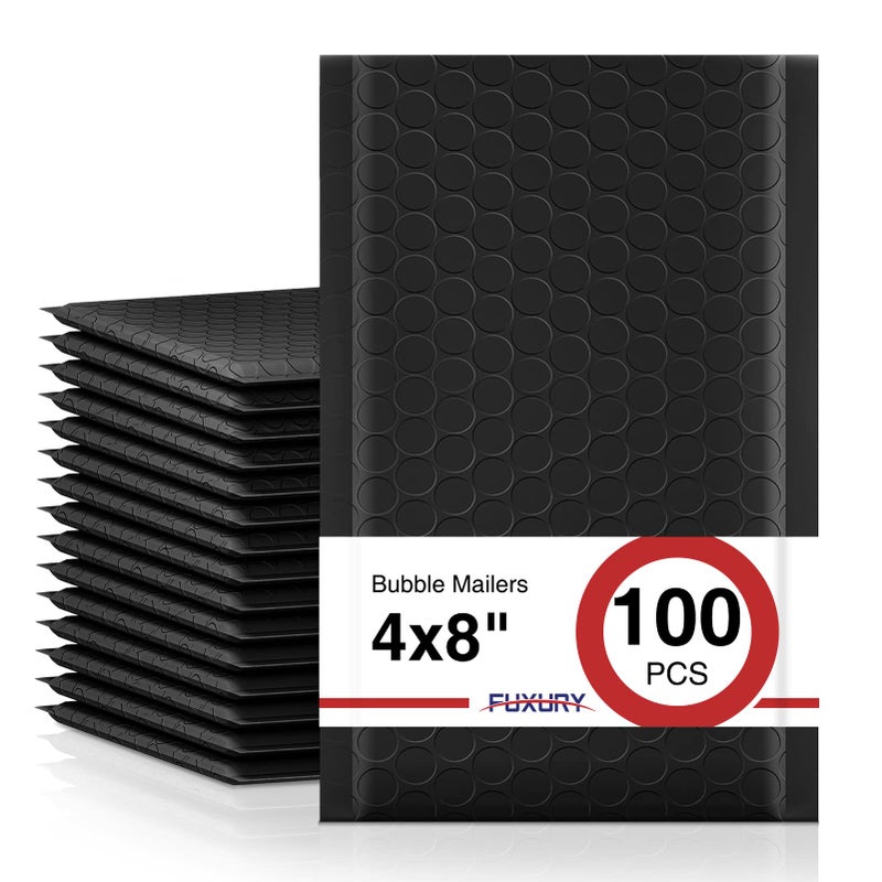 Fuxury أكياس فاخرة سوداء فقاعية 4x8" 100 حزمة أظرف مبطنة مقاومة للماء بحجم قابل للاستخدام 4x7" أظرف فقاعية ذاتية الإغلاق لأعمال صغيرة، أظرف شحن - Image 1