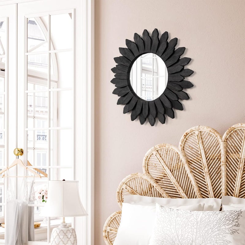 Emfogo Wall Mirror 12 inch Rustic Wood Sunburst Boho Mirror Farmhouse Wall Decor Room Decor Home Decor for Bedroom Living Room Entryway (Vintage Black) - Image 2