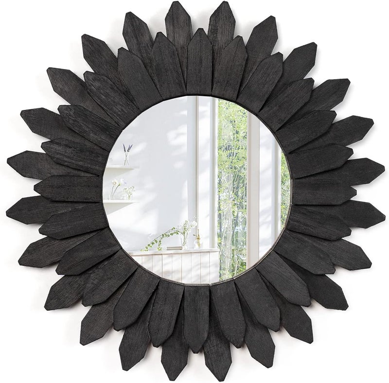 Emfogo Wall Mirror 12 inch Rustic Wood Sunburst Boho Mirror Farmhouse Wall Decor Room Decor Home Decor for Bedroom Living Room Entryway (Vintage Black) - Image 1