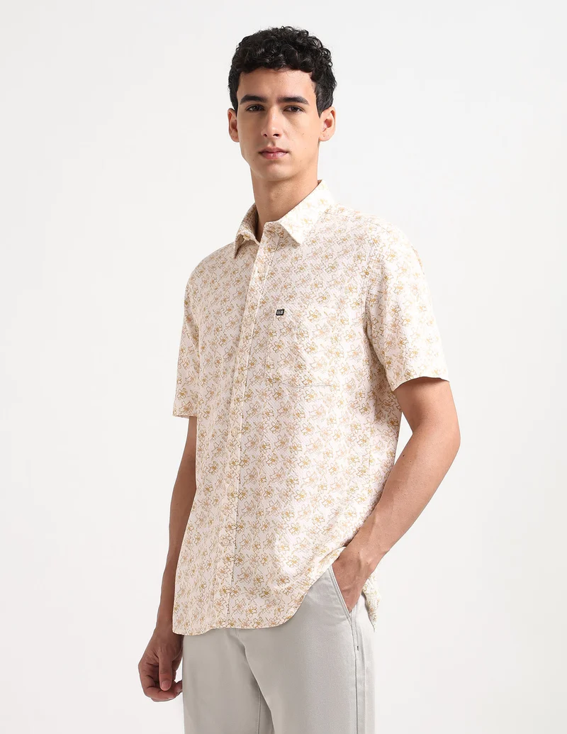 Arrow Mustard Floral Printed Dobby Shirt for Men | Best Price UAE