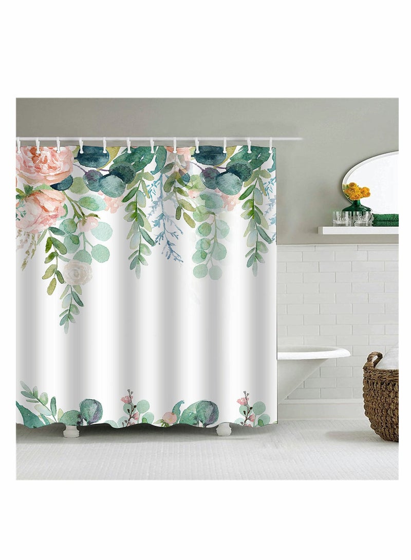 Floral Shower Curtain with 12 Hooks Pink Flowers Green Leaves Shower Curtain Set for Bathroom, Watercolor Boho Bath Curtain Set, Waterproof Fabric Shower Curtain - Image 3
