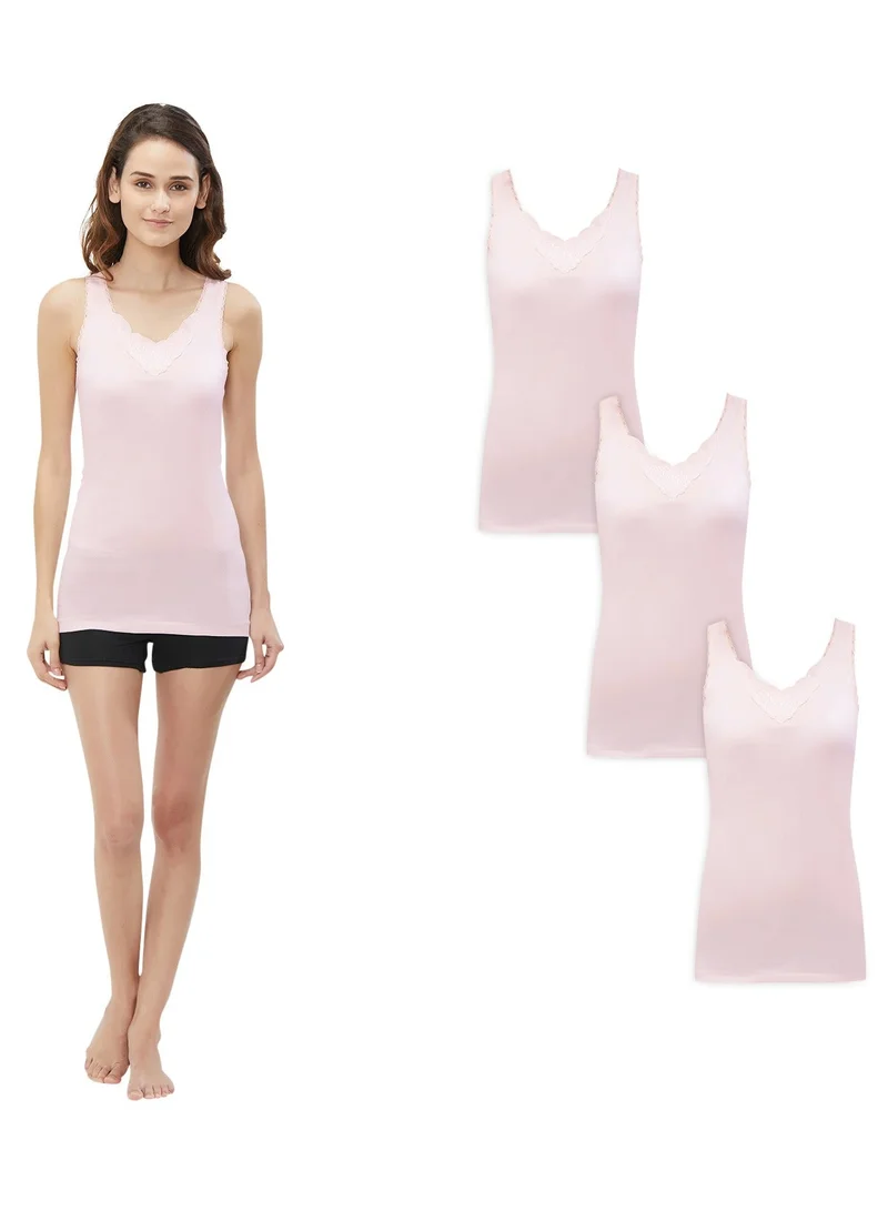 BYC WOMEN'S COTTON VEST WITH LACE DESIGN (PACK OF 3) - LIGHT PINK