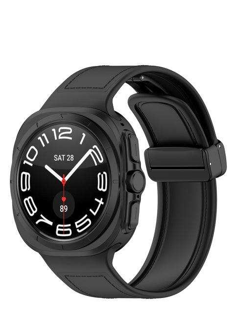 Watch Strap For Samsung Galaxy Watch Ultra 47mm Silicone+ Leather Strap Magnetic Closure Wristband Suitable For Samsung Galaxy Watch Ultra Band (Black)