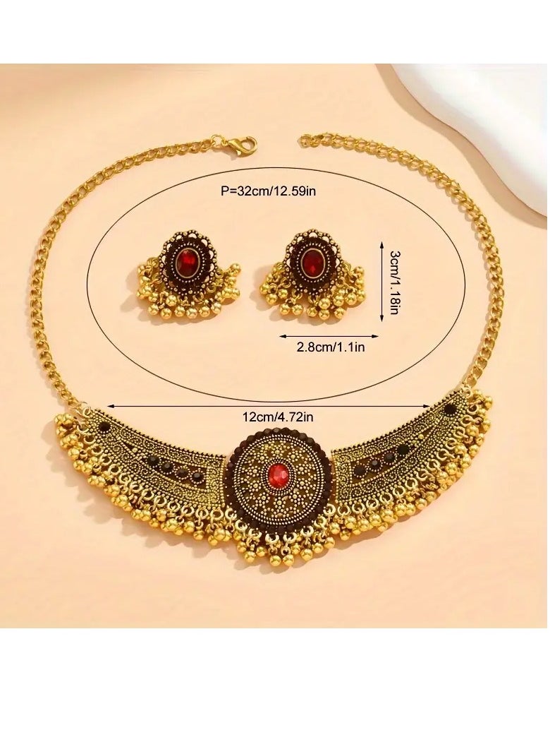 PAMEER Bollywood Style 1 Pair Of Earrings + 1 Choker Vintage Jewelry Set Tribal Design 14k Gold Plated Inlaid Rhinestone Red Make Your Call Match Daily Outfits  - Image 3