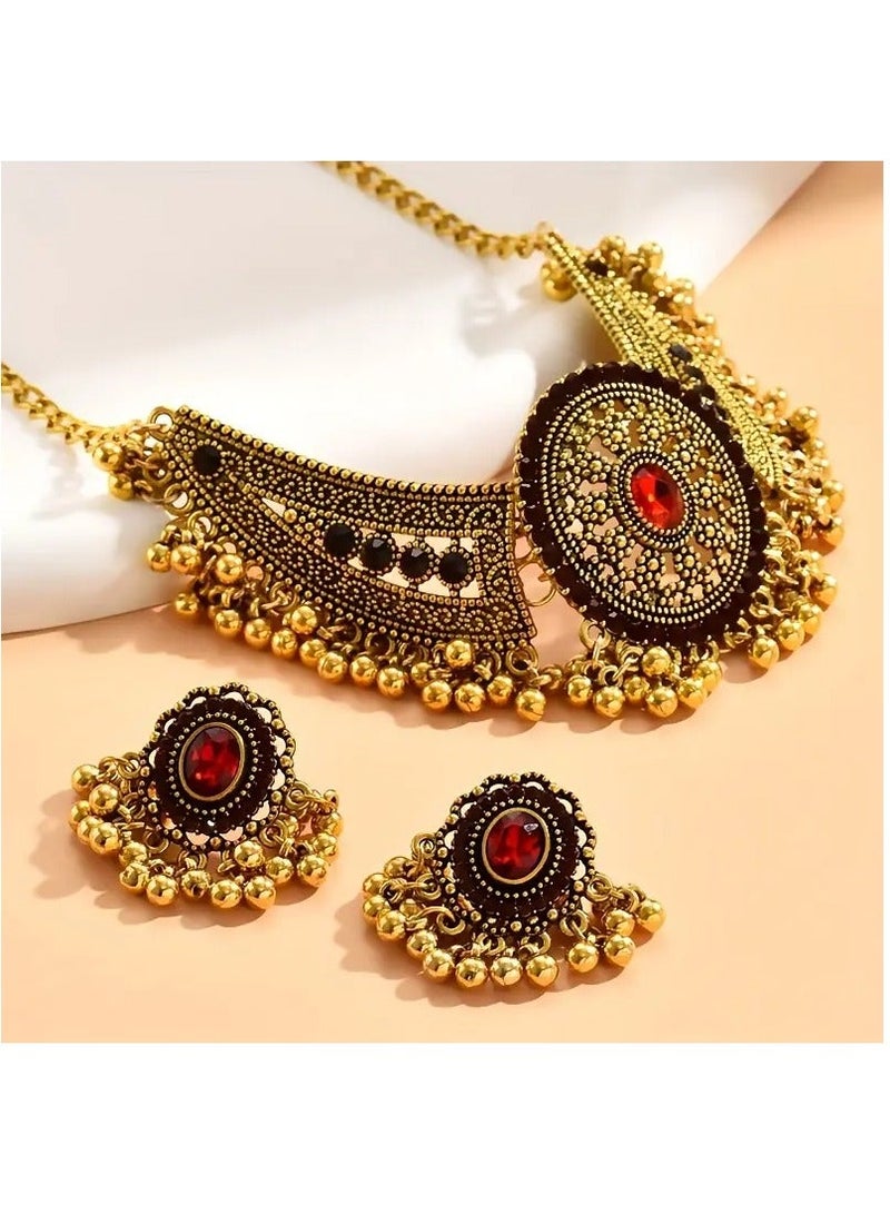 PAMEER Bollywood Style Necklace Set, 1 Pair Of Earrings + 1 Choker Vintage Jewelry Set Tribal Design 14k Gold Plated Inlaid Rhinestone Red Make Your Call Match Daily Outfits - Image 3