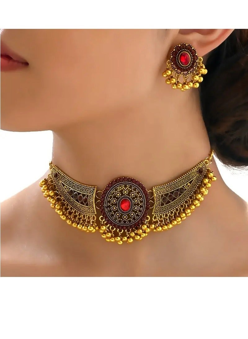 PAMEER Bollywood Style Necklace Set, 1 Pair Of Earrings + 1 Choker Vintage Jewelry Set Tribal Design 14k Gold Plated Inlaid Rhinestone Red Make Your Call Match Daily Outfits - Image 2