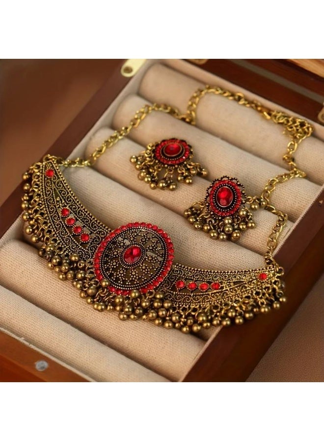 PAMEER Bollywood Style Necklace Set, 1 Pair Of Earrings + 1 Choker Vintage Jewelry Set Tribal Design 14k Gold Plated Inlaid Rhinestone Red Make Your Call Match Daily Outfits - Image 1
