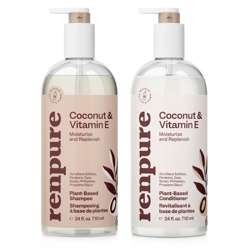 Renpure Coconut  Vitamin E Shampoo  Conditioner Set PlantBased  Nourishes  Seals In Moisture For Soft Healthy Hair  For Dry Lifeless Hair  Coconut Oil  Vitamin E  24 Fl Oz each 2 Pack