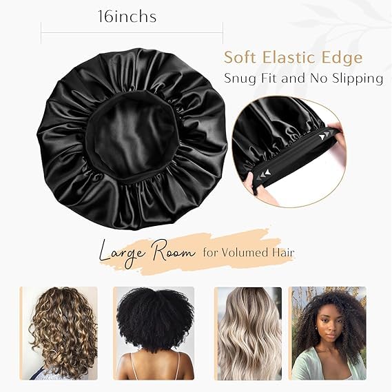 Candibella Silk Bonnet for Hair - Adjustable Cap for Sleeping, Satin Bonnet for Curly Hair With Soft Jersey Fabric Band, Stylish and Comfy for Men and Women (Black) - Image 3