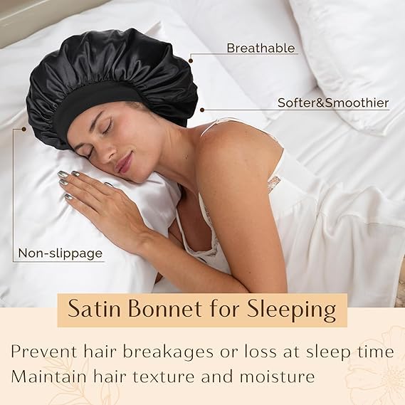 Candibella Silk Bonnet for Hair - Adjustable Cap for Sleeping, Satin Bonnet for Curly Hair With Soft Jersey Fabric Band, Stylish and Comfy for Men and Women (Black) - Image 2
