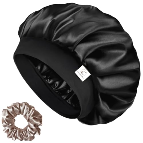 Candibella Silk Bonnet for Hair - Adjustable Cap for Sleeping, Satin Bonnet for Curly Hair With Soft Jersey Fabric Band, Stylish and Comfy for Men and Women (Black) - Image 1