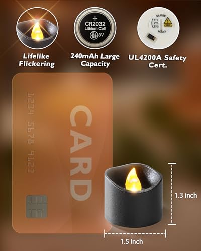 Homemory Black Tea Lights Candles Battery Operated, 200+Hour Flameless Flickering Fake Electric LED Colored Tealights Candles for Halloween, Theme Party, Wedding Table Decor, Holiday Decor, 12-Pack - Image 4