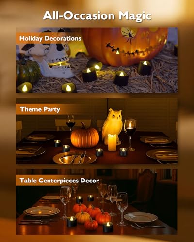 Homemory Black Tea Lights Candles Battery Operated, 200+Hour Flameless Flickering Fake Electric LED Colored Tealights Candles for Halloween, Theme Party, Wedding Table Decor, Holiday Decor, 12-Pack - Image 5